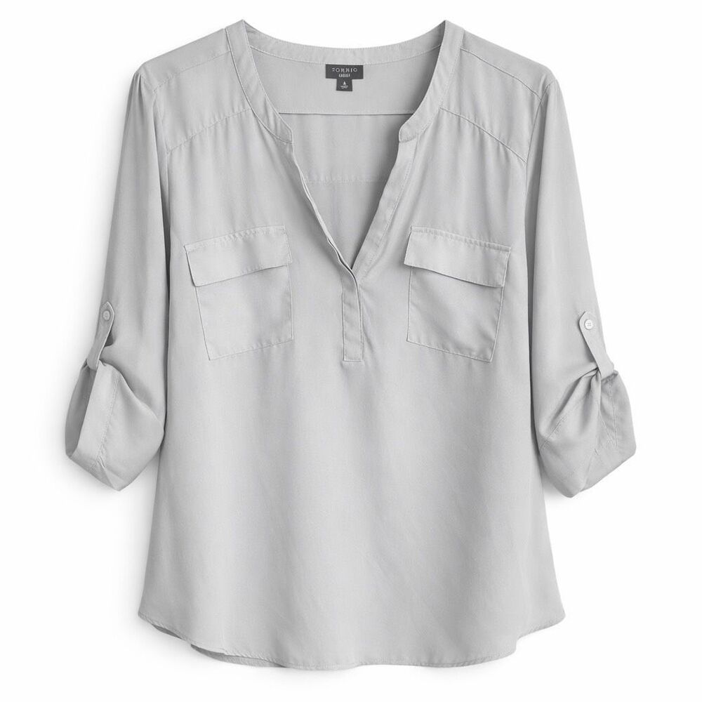 Torrid Gray Harper Blouse Roll Tab Sleeve Pullover Work Top Women 4